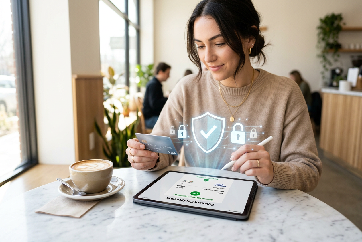 A digital representation of safe financial transactions with a focus on online banking and security.