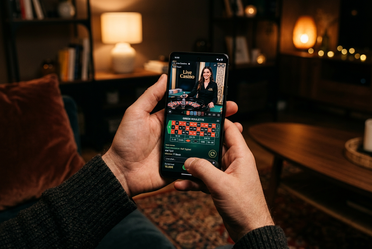 A modern smartphone displaying a high-quality live casino interface with professional dealers.